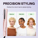 Pink Cool Curl Pencil hair straightener with styling options for different hair lengths on a light purple background