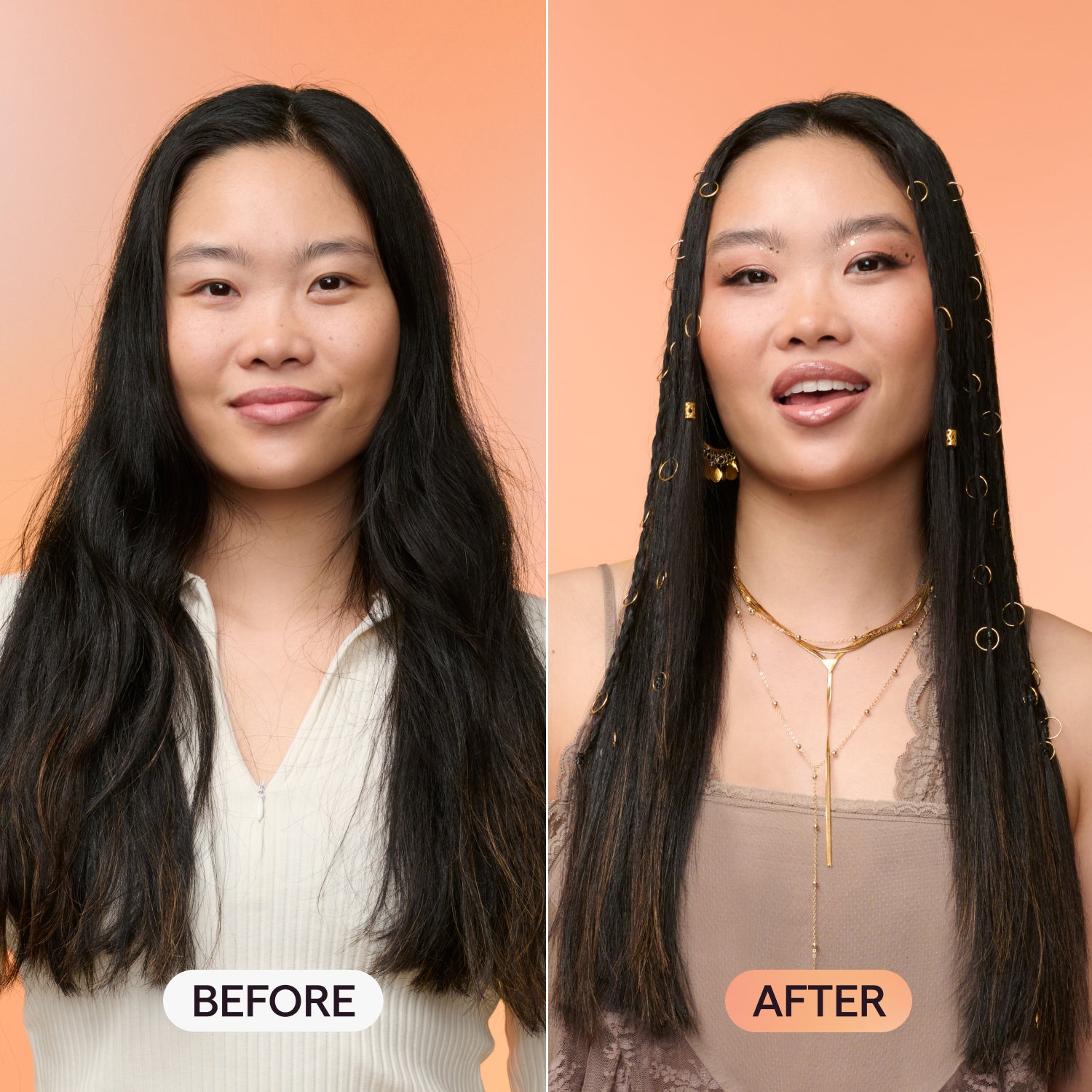 A hair transformation showing a woman with long dark wavy hair (before) and a sleek straightened look with gold hair rings and bohemian accessories (after)