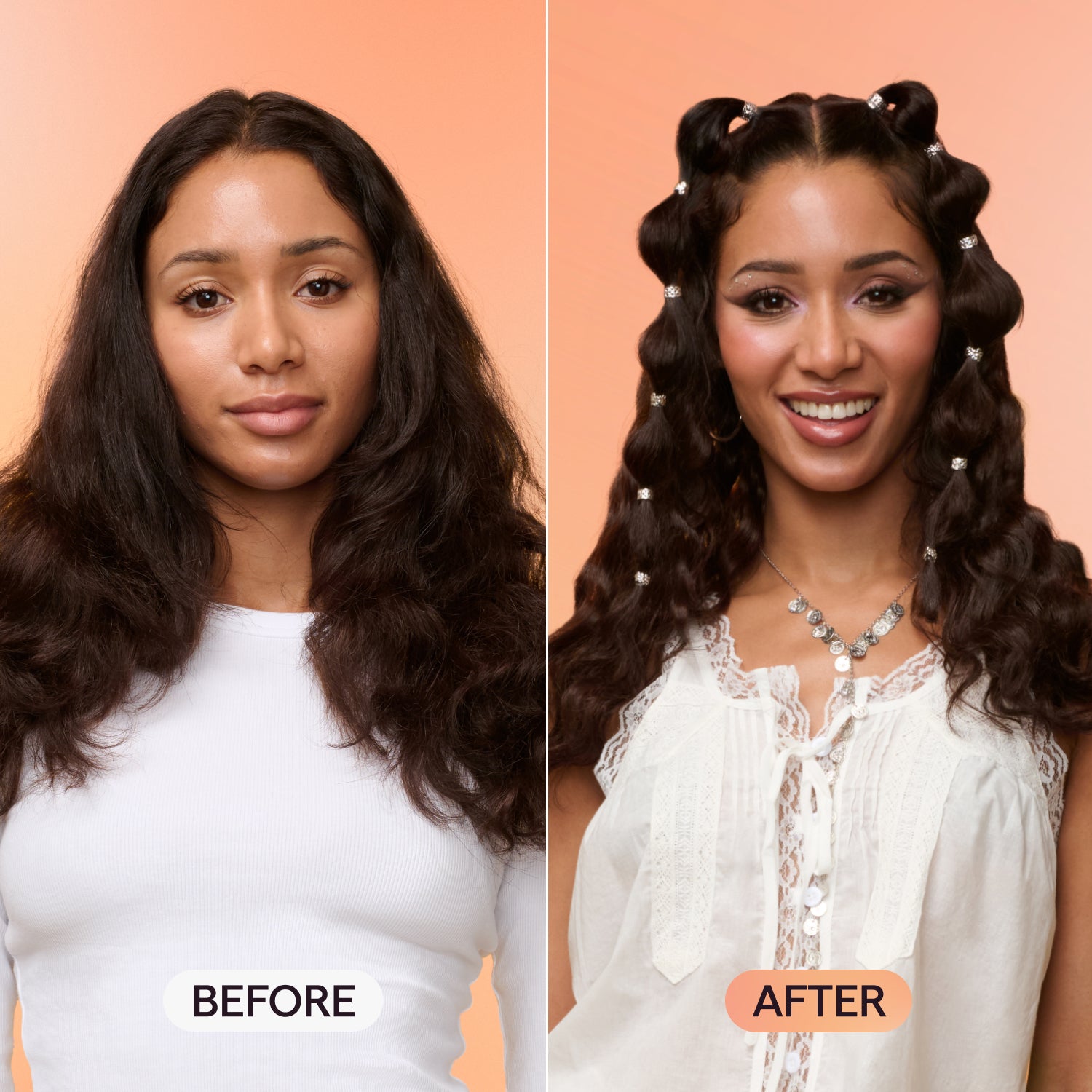 A side-by-side comparison titled "Before" and "After" showing a woman’s hair transformation from natural wavy dark hair to a styled festive look with bubble braids and silver hair rings