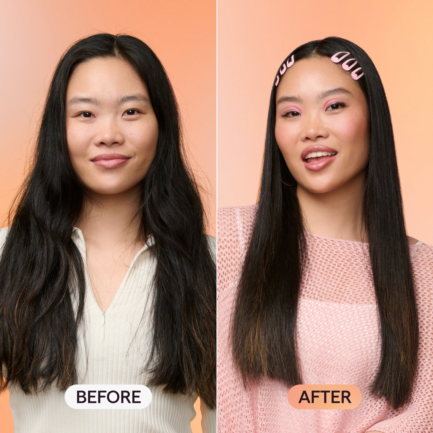 Before and after hair transformation of a woman with a blonde bob, styled from natural straight hair to wavy texture using purple butterfly hair clips.