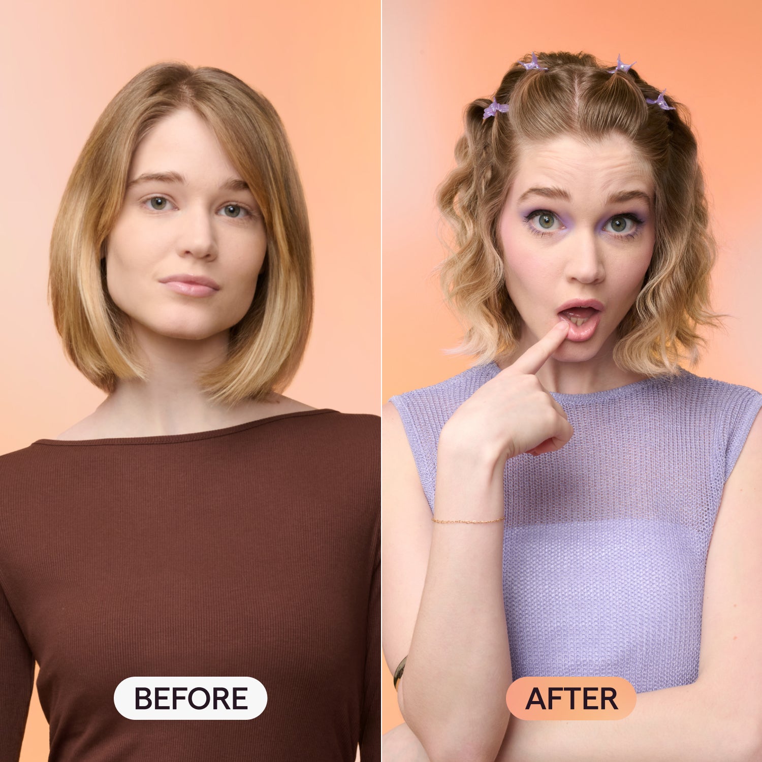A before and after hair transformation of a woman with a blonde bob. The "Before" side shows a natural straight look, and the "After" side features wavy hair styled with purple mini butterfly clips