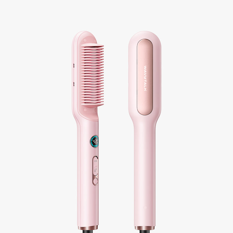 Pink hair straightener with comb attachment on a white background