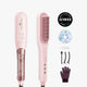 Pink hair straightener with attachments and a scrunchie on a white background