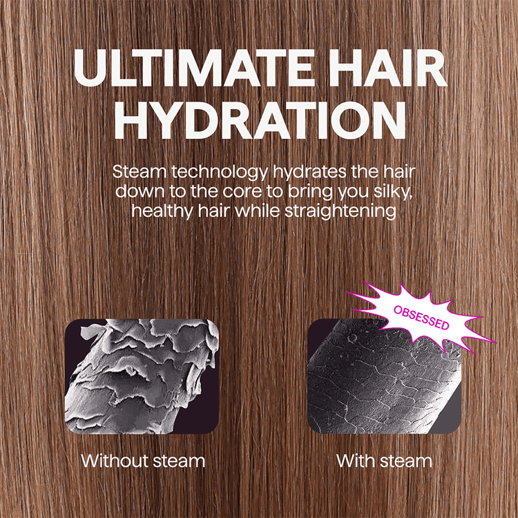 Steamline Pro hair straightening tool featuring advanced steam technology to hydrate hair while styling, presented on a brown hair background.