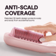 Close-up of a hand holding the Pink Steamline Pro thermal brush, featuring a text overlay highlighting its anti-scald protection and 3D teeth design for safe, root-to-tip styling on a light purple background.