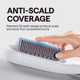 Close-up of a hand holding the Steamline Pro thermal brush, featuring a text overlay highlighting its anti-scald protection and 3D teeth design for safe, root-to-tip styling on a light purple background.