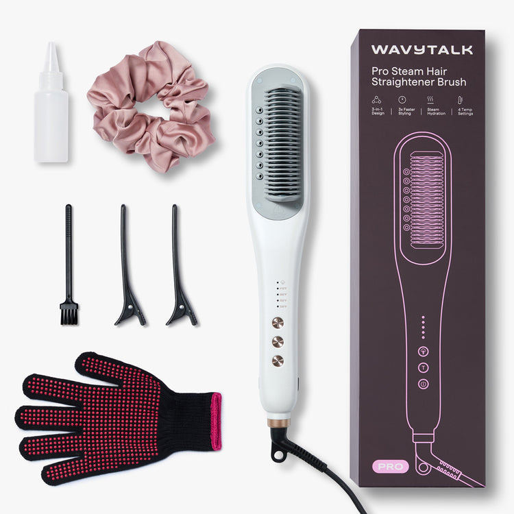 Wavytalk White Steamline Pro Hair Straightener Brush with accessories on a white background