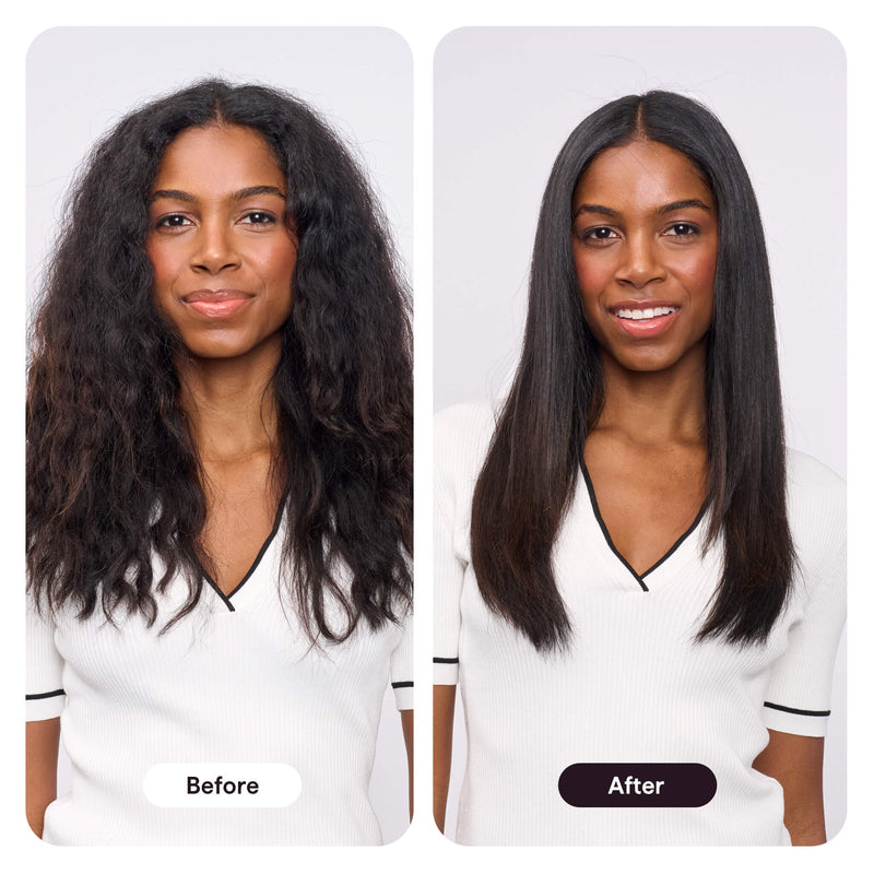 Before and after comparison of a woman with long, wavy hair styled straight.