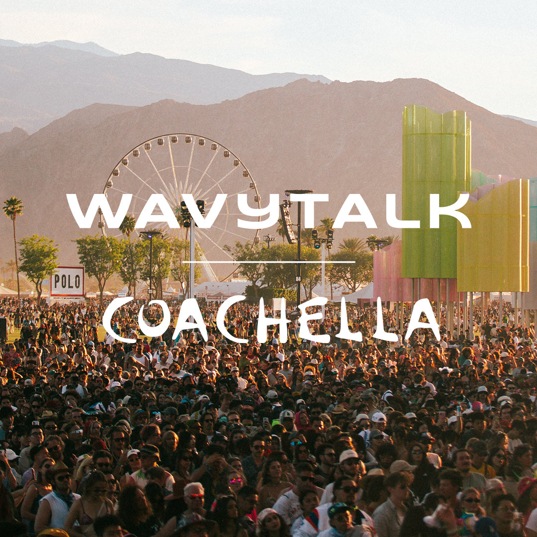 Large crowd at a music festival with WavyTalk and Coachella branding.