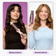 Two women with different hair care products and tools, one holding a blowout boost tool and the other holding a smooth barrier product.