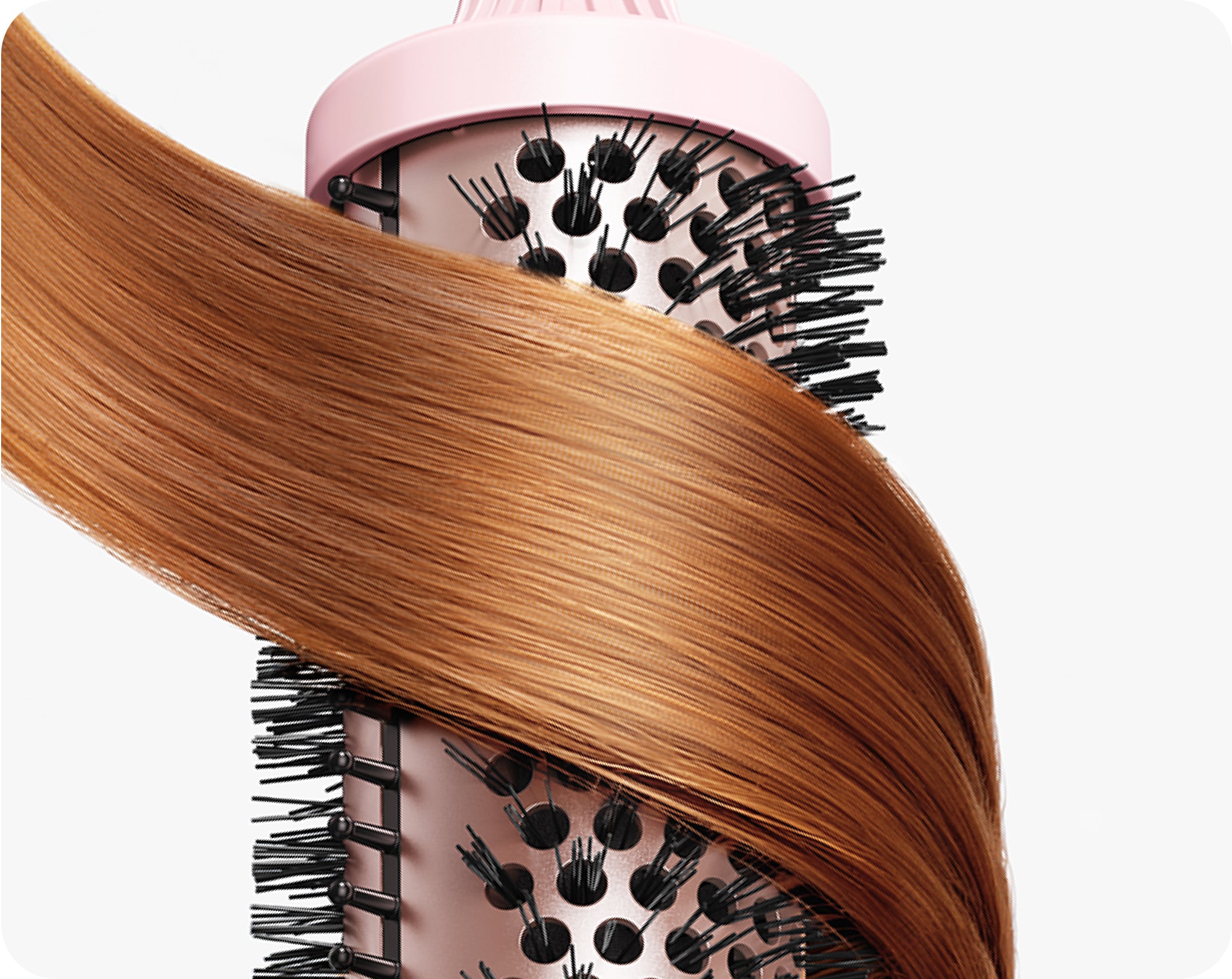 Blowout boost grande interacting with blonde hair on a white background