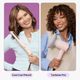 Two women holding hair styling tools labeled 'Cool Curl Pencil' and 'Turblow Pro' against different colored backgrounds.