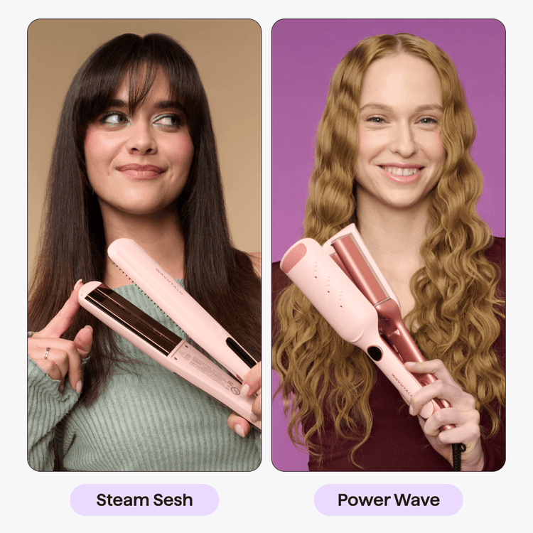 The two women are holding a Steam Sesh and a Power wave respectively, against different background colors.