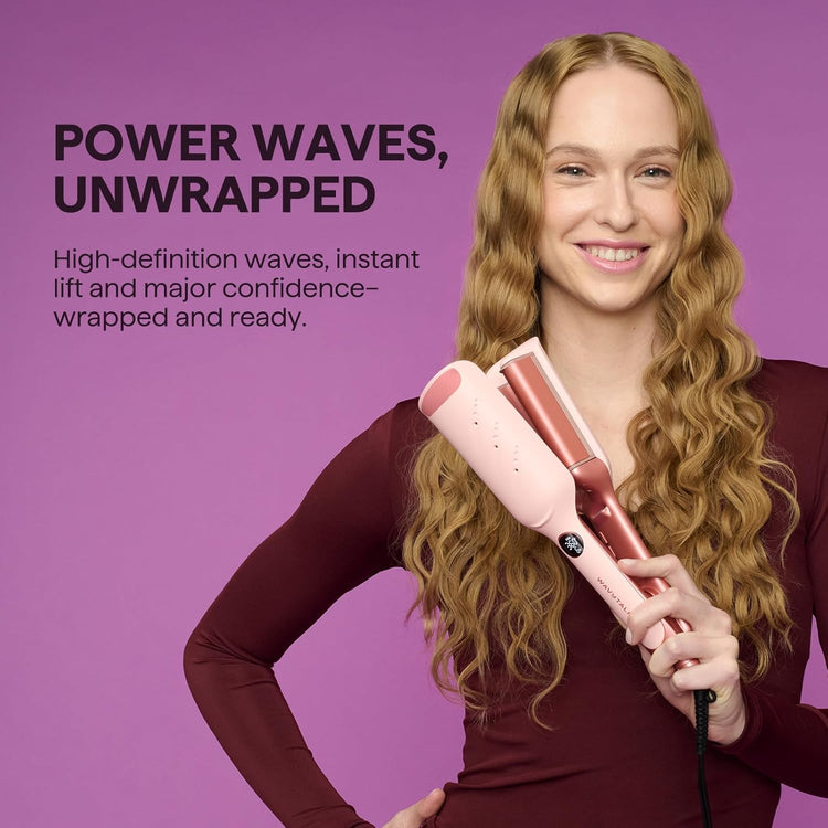Woman with styled Power wave a hair styling tool against a purple background with promotional text.