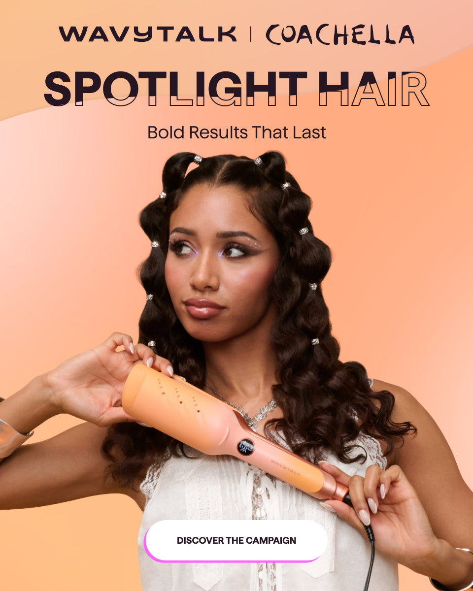 Wavytalk x Coachella Campaign: Spotlight Hair featuring a model with sparkling festival waves using a power waver tool.