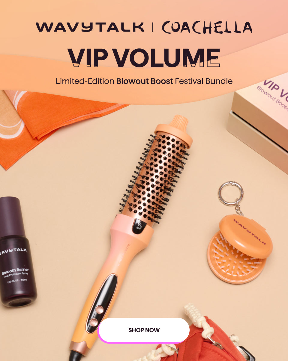 Wavytalk x Coachella VIP Volume Limited-Edition Blowout Boost Festival Bundle featuring thermal brush and Smooth Barrier protectant spray.