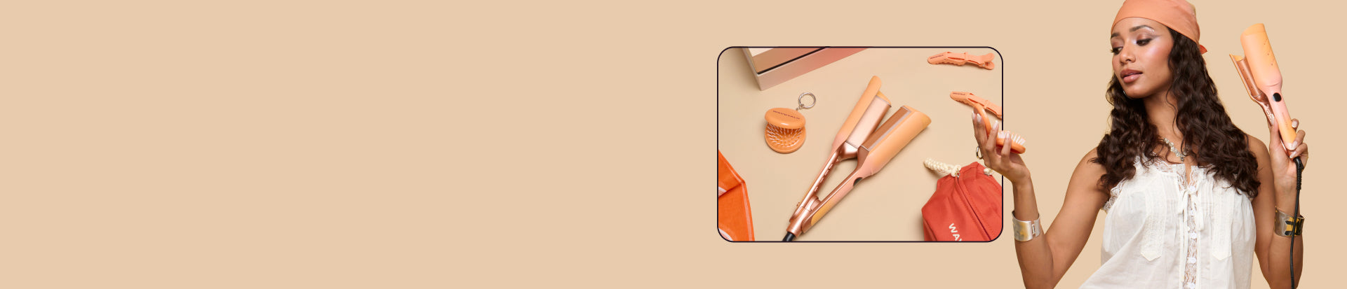 Woman holding a hair straightener with various hair care products on a beige background