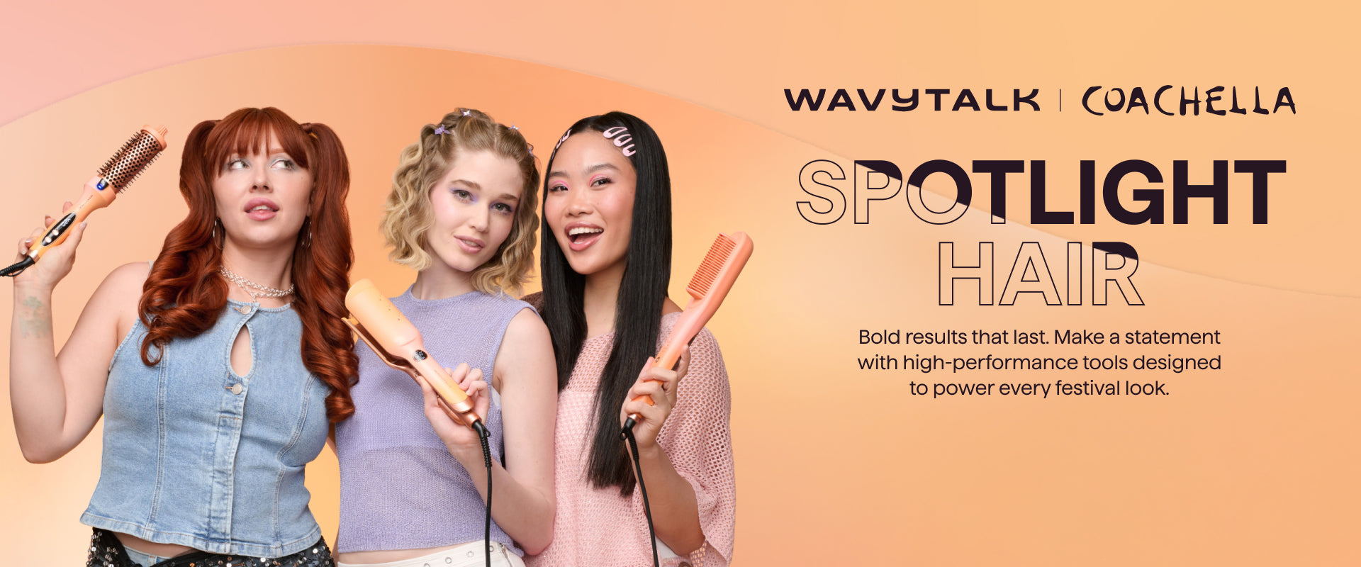 Three women using hair styling tools with 'Wavytalk' and 'Coachella' branding on a peach background.