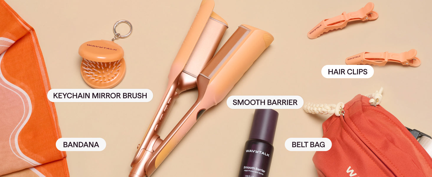 Collection of hair care and styling products including a keychain mirror brush, bandana, smooth barrier, hair clips, belt bag, and a bottle on a beige background.