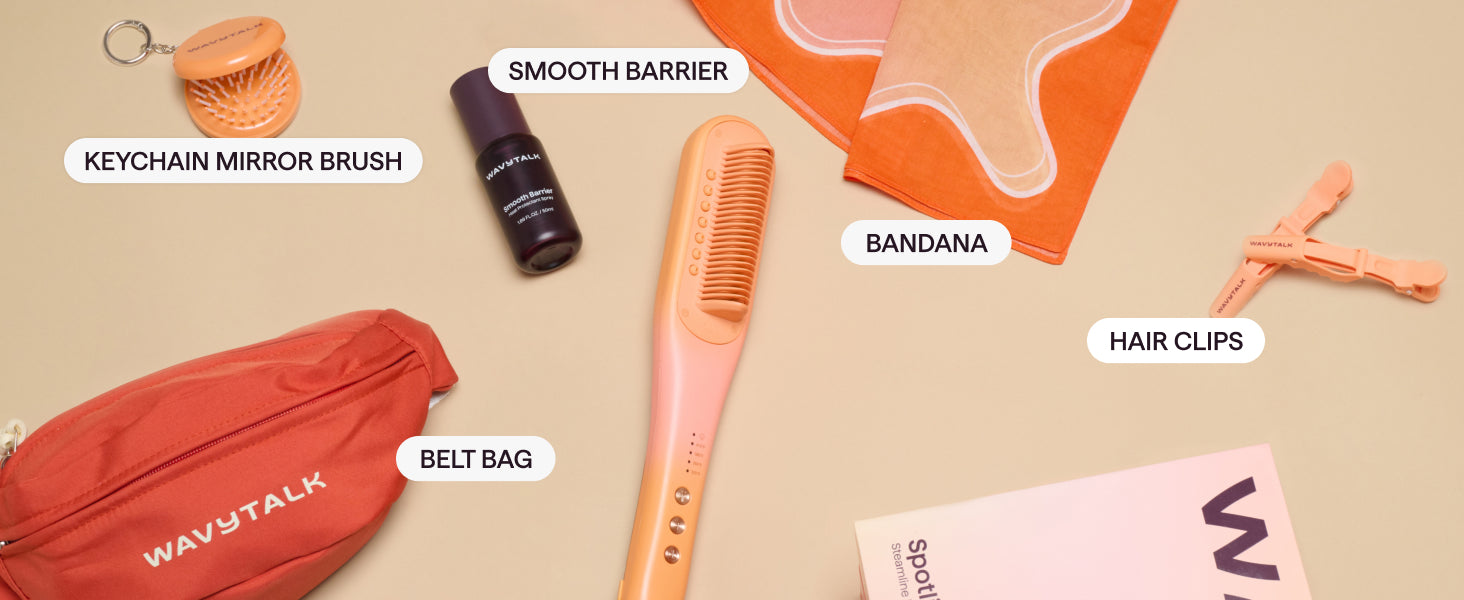 Collection of hair care and styling products including a belt bag, comb, and hair clips on a beige background.