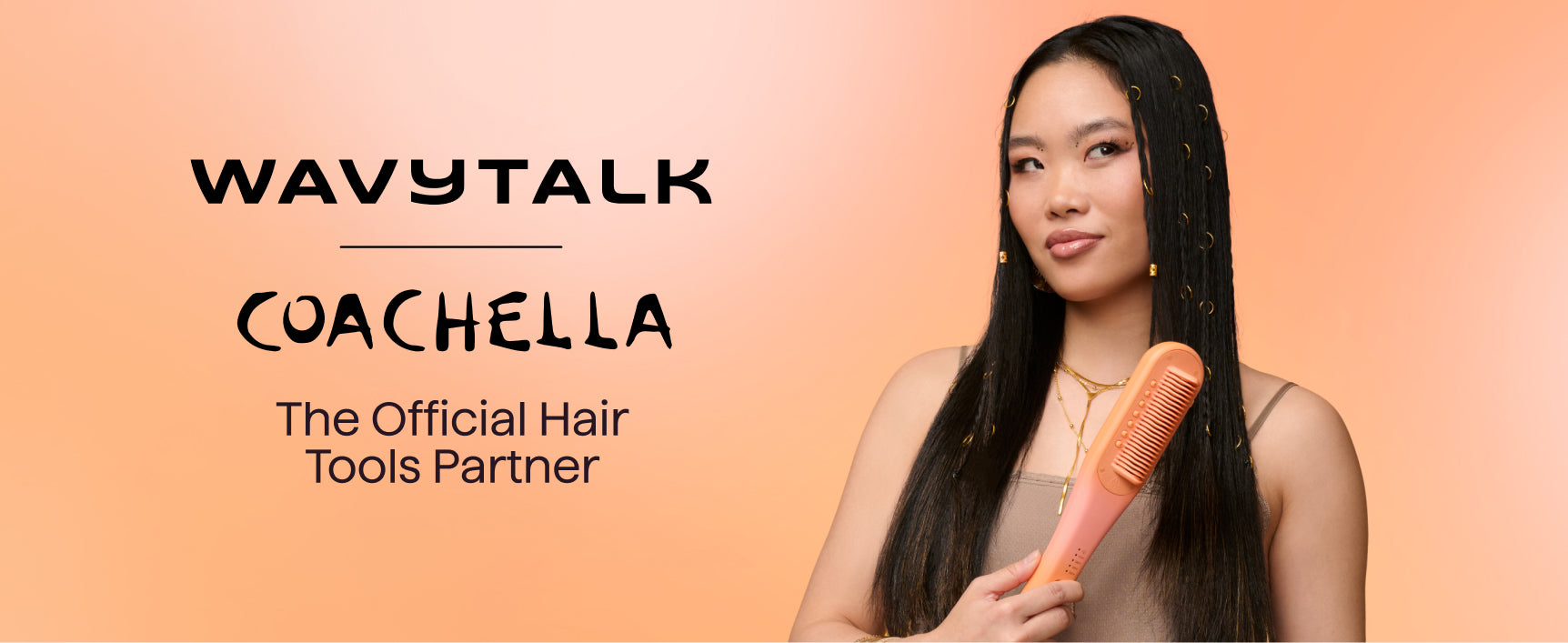Woman holding a hairbrush with Wavytalk and Coachella branding on an orange background