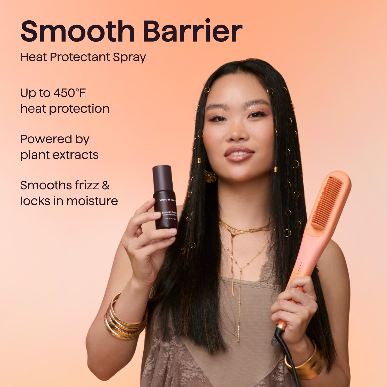 Wavytalk Smooth Barrier Heat Protectant Spray for hair, providing up to 450°F heat protection and smoothing frizz with plant extracts