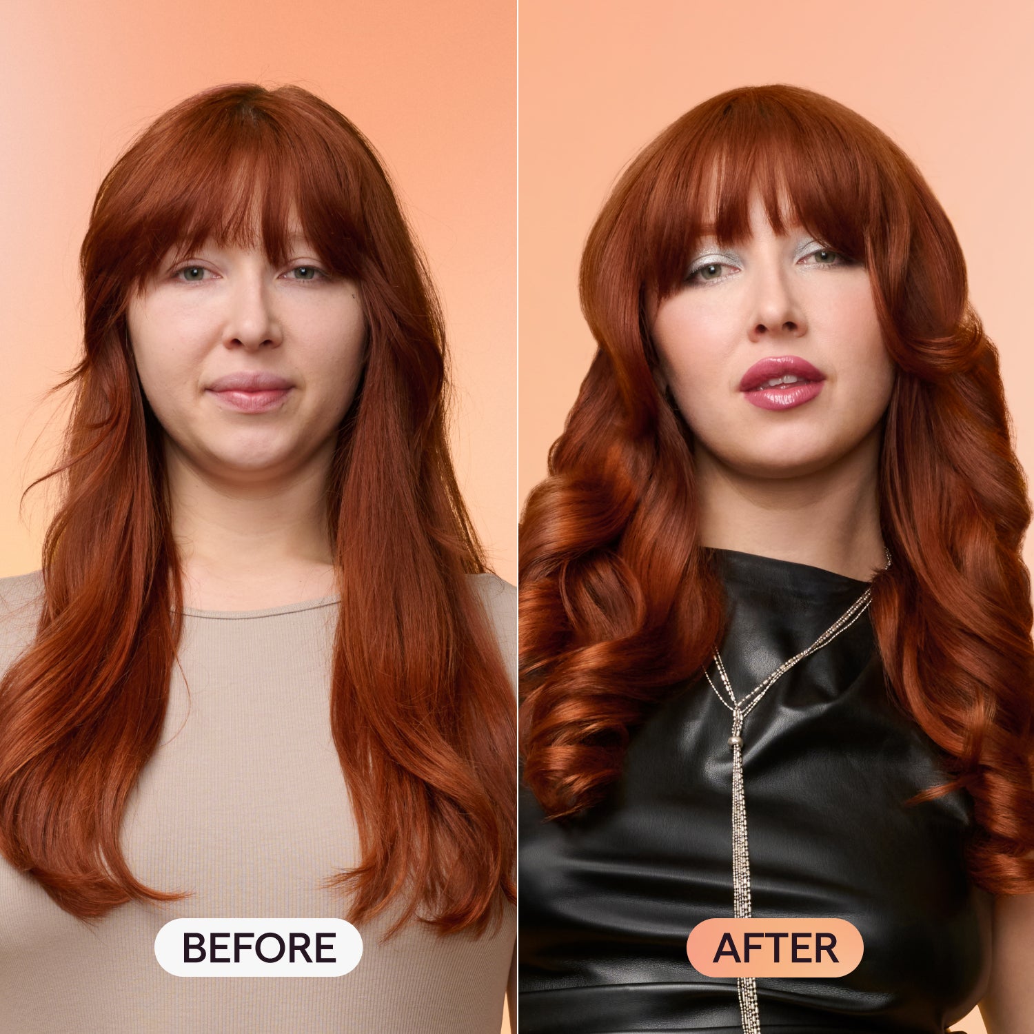 Before and after hair transformation showing flat hair vs. voluminous bouncy curls created with Wavytalk Thermal Round Brus