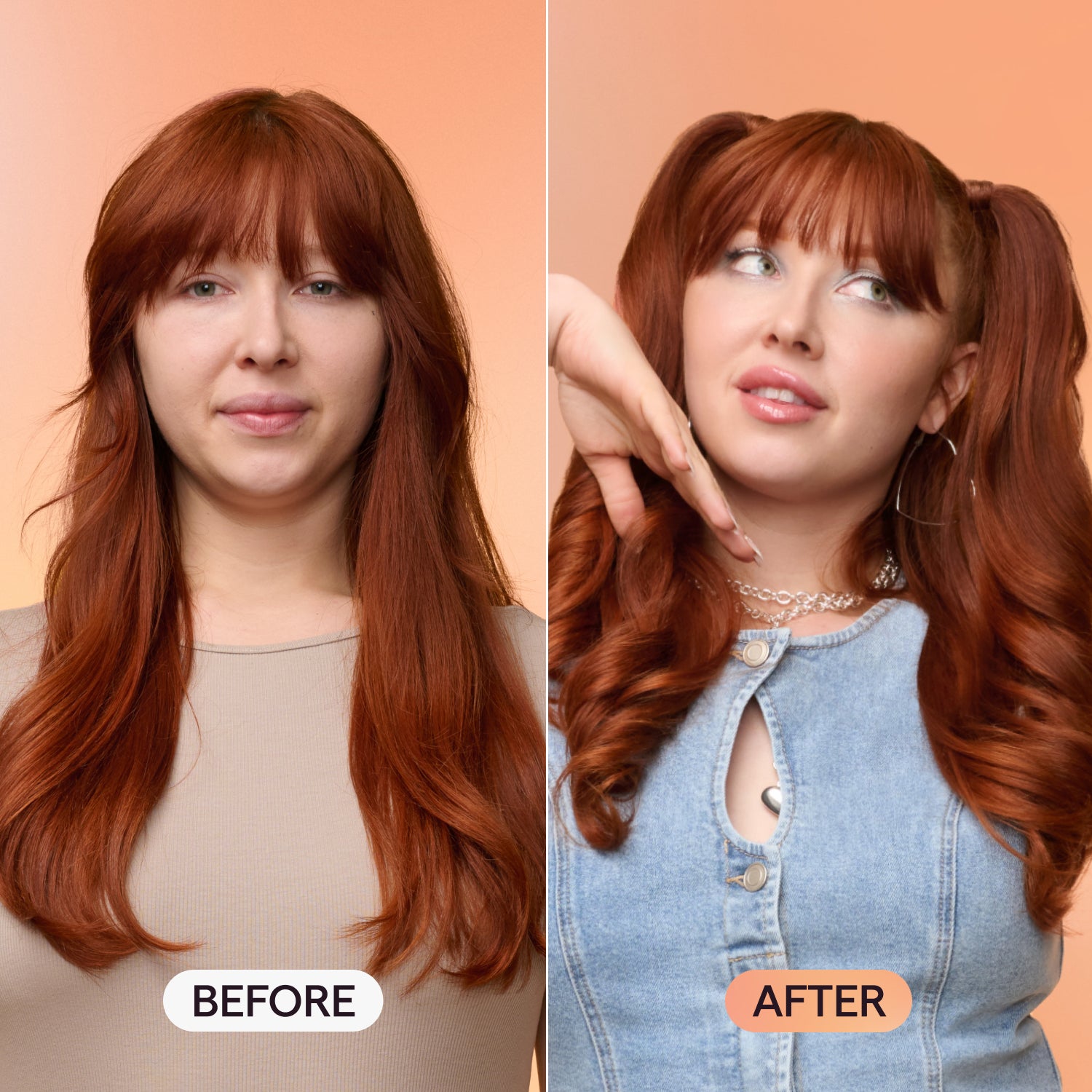 Stunning hair transformation: from flat natural red hair to a trendy, voluminous wavy hairstyle