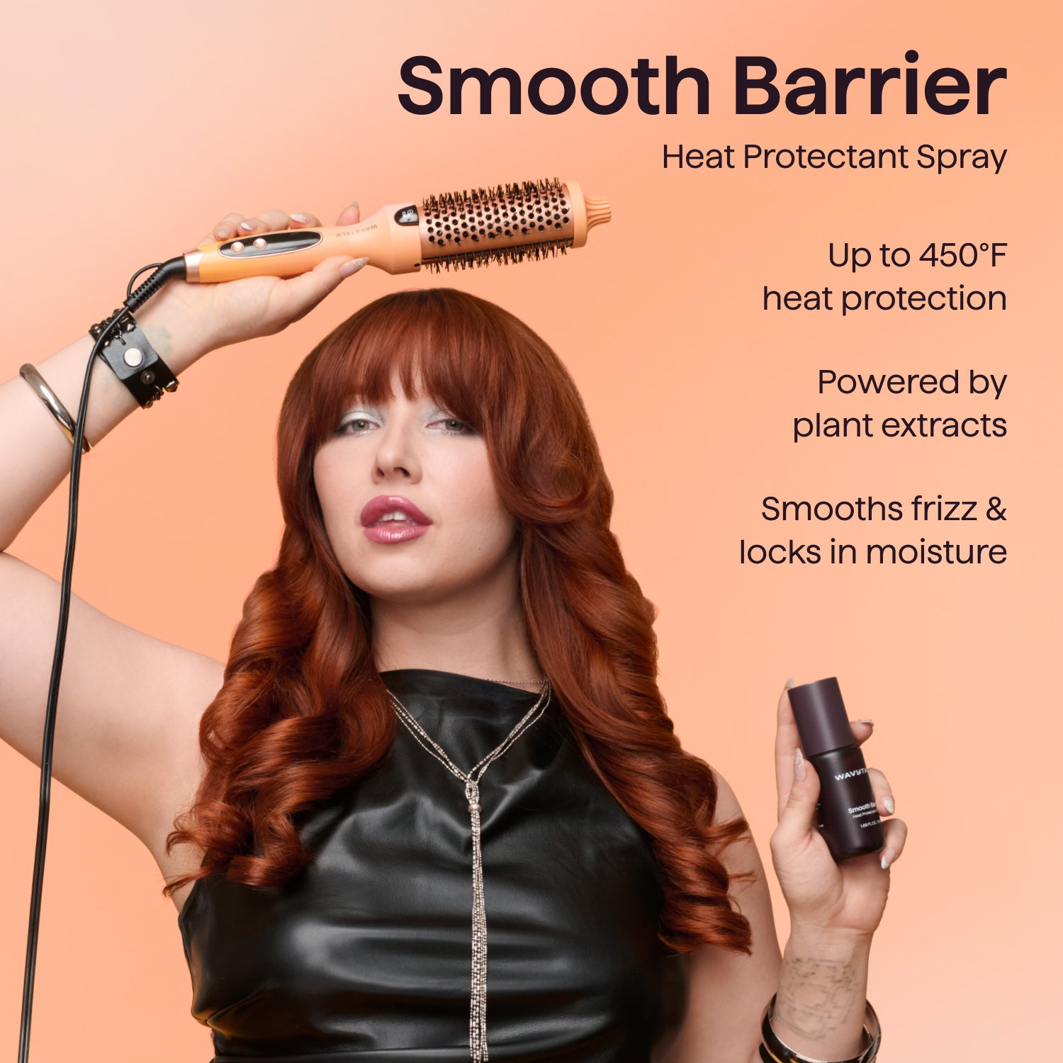 Smooth Barrier Heat Protectant Spray by Wavytalk being used with a thermal round brush on copper red hair for up to 450°F heat protection and frizz control.