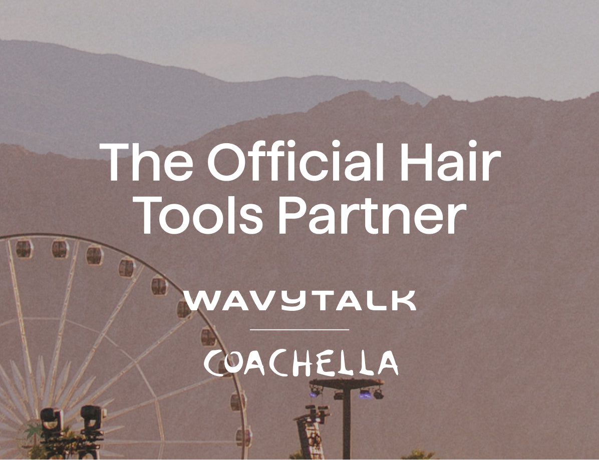 Wavytalk logo with Coachella branding and hair tools partner text, set against a blurred background of a Ferris wheel and colorful buildings.