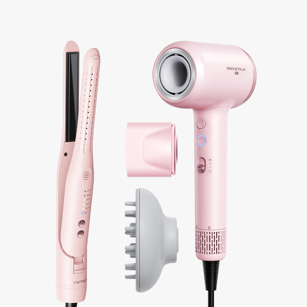 Pink Curl Cool Pencil and pink Turblow Pro with multiple attachments on a white background