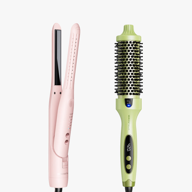 Pink Cool Curl Pencil and green Blowout Boost on a white background