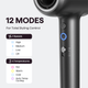 Gray Turblow Pro hair dryer with control settings for 12 modes on a white background
