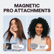 Turblow Pro hair dryer being used by two women with different hair types, showcasing the magnetic hair product attachments for versatile styling on a light blue background.