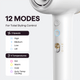 Whire Turblow Pro hair dryer with control panel displaying 12 modes for styling control on a white background.