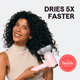 Woman with curly hair holding a pink Turblow Pro hair dryer with 'Dries 5x Faster' text and Bustle Beauty Award badge.