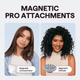 Turblow Pro hair dryer being used by two women with different hair types, showcasing the magnetic hair product attachments for versatile styling on a light blue background.