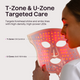 Woman using a Glow Time LED therapy maskwith labeled T-Zone and U-Zone targeting on a white background