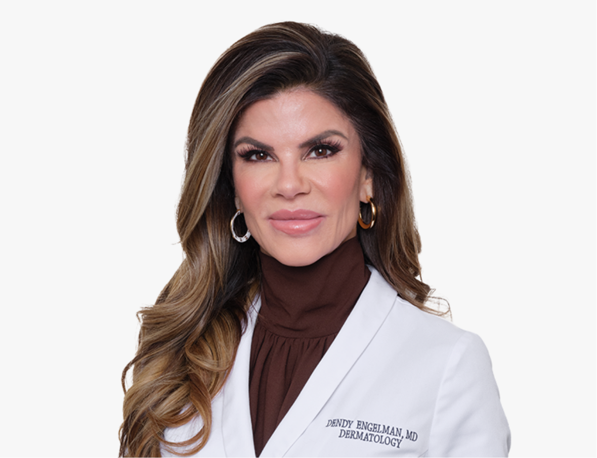 Woman wearing a white lab coat with 'Dermatologist' text on a white background