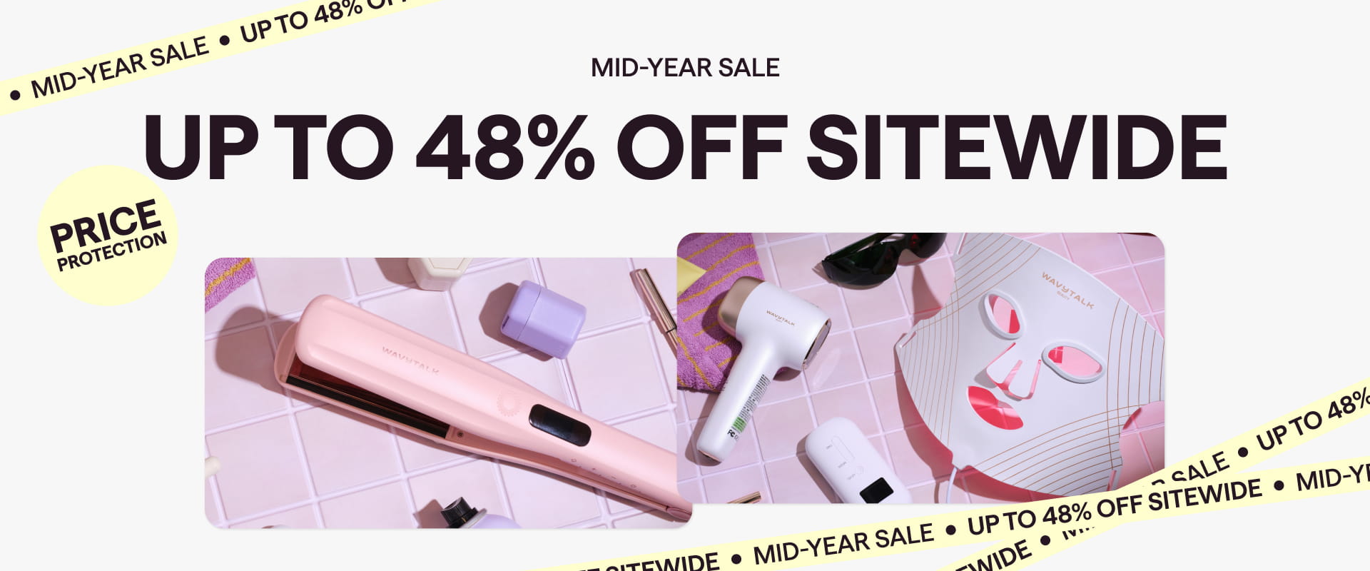 Promotional banner for a mid-year sale with cosmetic products and text overlay.