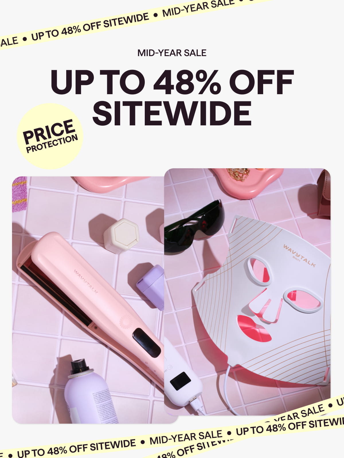 Promotional banner with hair straightener, sale text, and 'Shop Now' button.