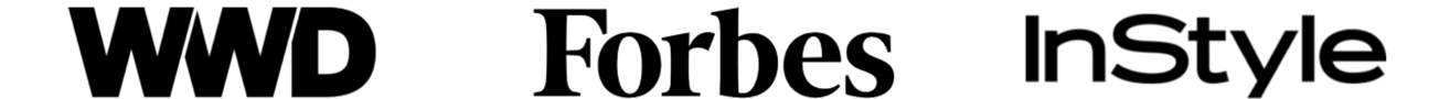 Media logos of WWD, Forbes, InStyle, and Allure, representing press coverage and brand recognition