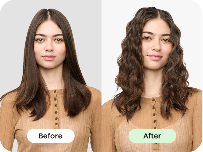 Before and after comparison of a woman with long straight hair styled to wavy hair.