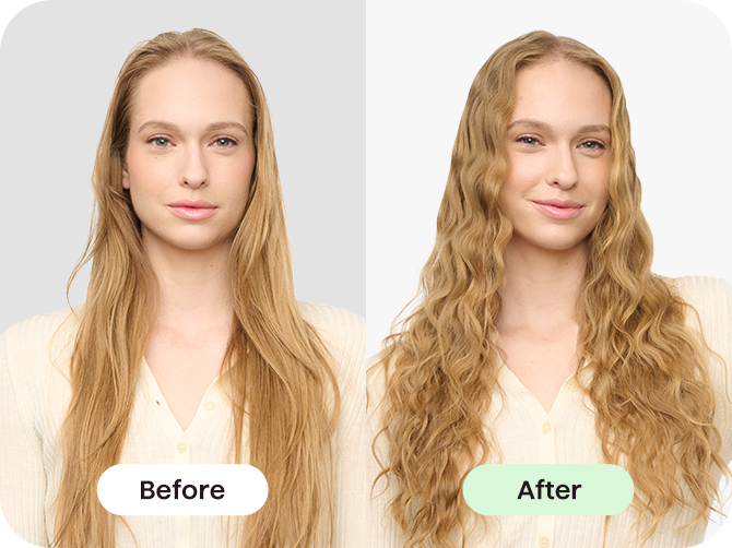 Before and after comparison of a woman with long blonde hair against a plain background.