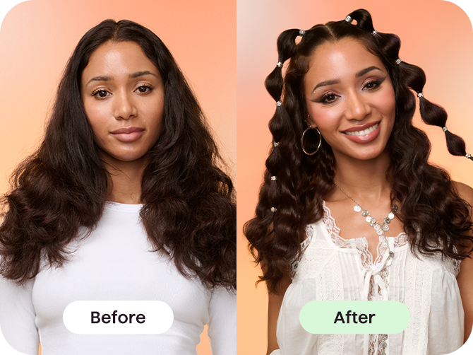 Before and after comparison of a woman with styled hair on an orange background