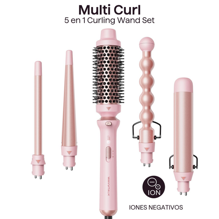 A 5-in-1 multi-curl hair styling wand set in light pink, shown with multiple interchangeable attachments on a white background. Text at the top reads 'Multi Curl 5 en 1 Curling Wand Set' and 'ION' is highlighted in a black badge with 'IONES NEGATIVOS' below.
