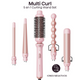 A 5-in-1 multi-curl hair styling wand set in light pink, shown with multiple interchangeable attachments on a white background. Text at the top reads 'Multi Curl 5 en 1 Curling Wand Set' and 'ION' is highlighted in a black badge with 'IONES NEGATIVOS' below.