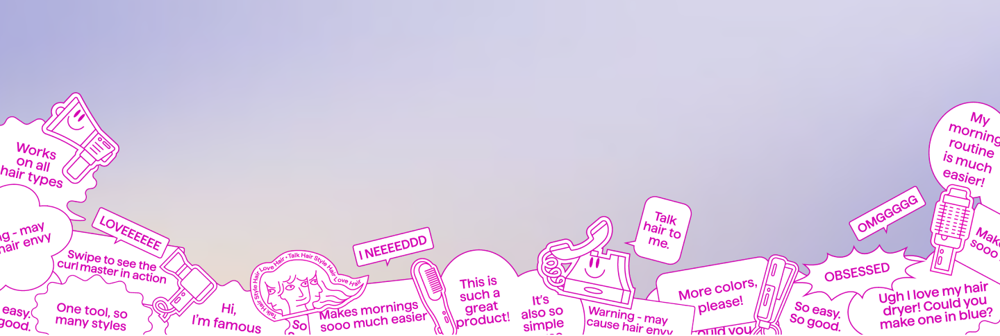 Collage of pink text and icons on a purple background