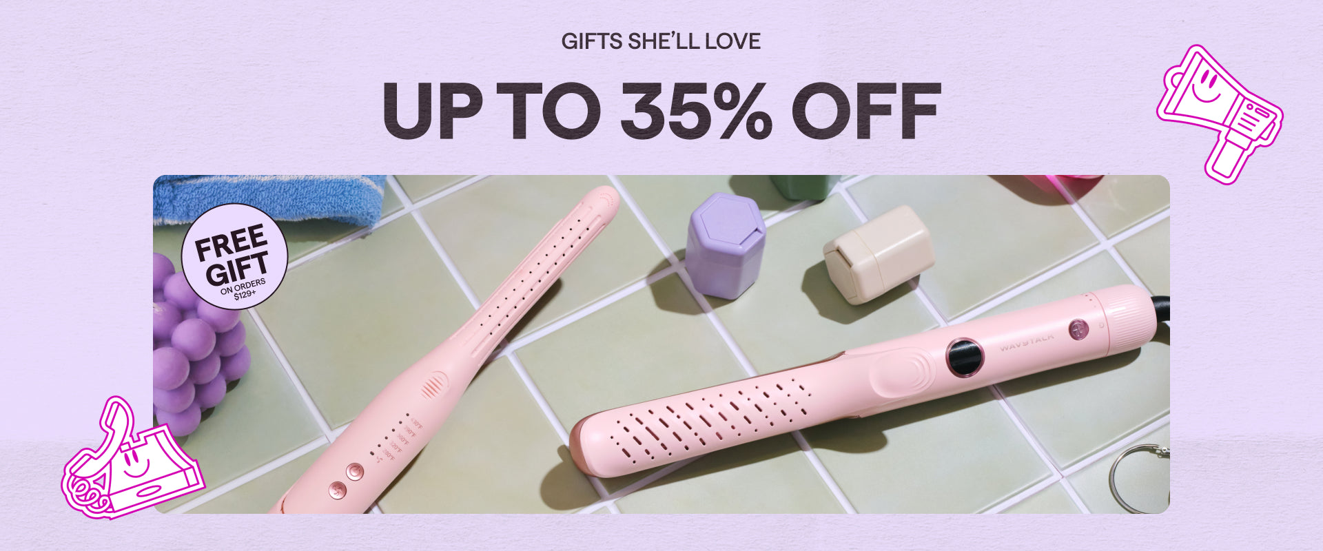 Promotional banner with pink hair styling tools and text about gift discounts on a light purple background.