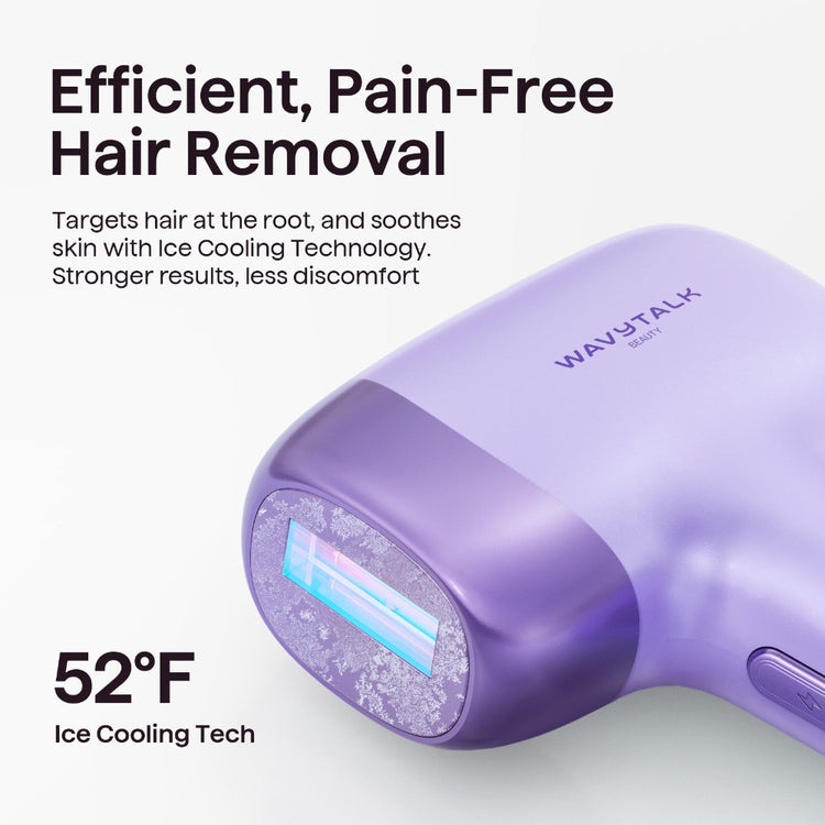 Purple hair removal device with text about efficient, pain-free hair removal and ice cooling technology on a white background.